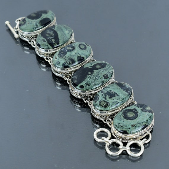 Handmade Kambaba Jasper Bracelet: 925 Sterling Silver Adjustable Gemstone Jewelry