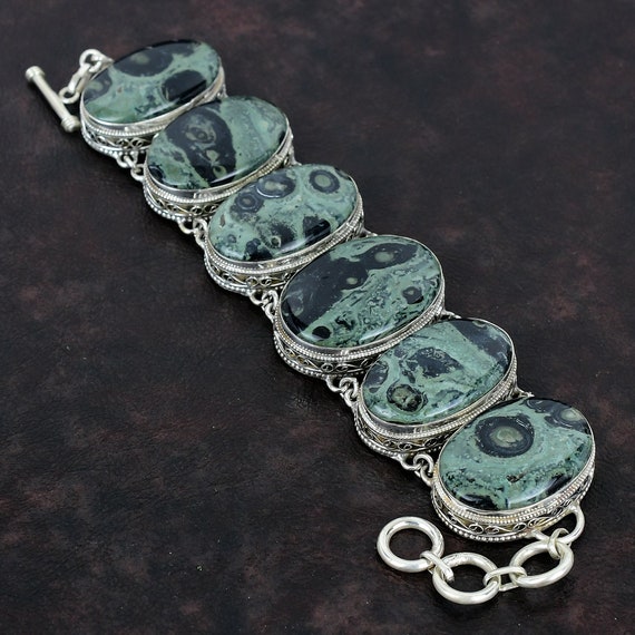 Handmade Kambaba Jasper Bracelet: Vintage 925 Sterling Silver Adjustable Chain