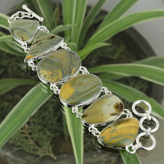 Handmade Landscape Jasper 925 Sterling Silver Adjustable Bracelet