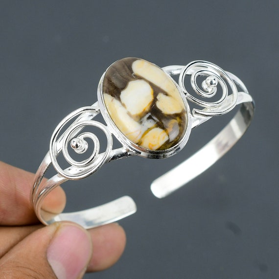 Handmade Peanut Wood Jasper Cuff Bracelet: Adjustable 925 Sterling Silver Bangle