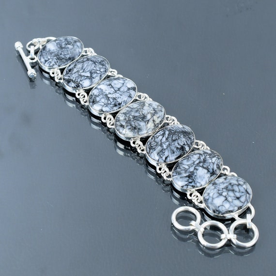 Handmade Pinolith Jasper Bracelet: 925 Sterling Silver Adjustable Jewelry
