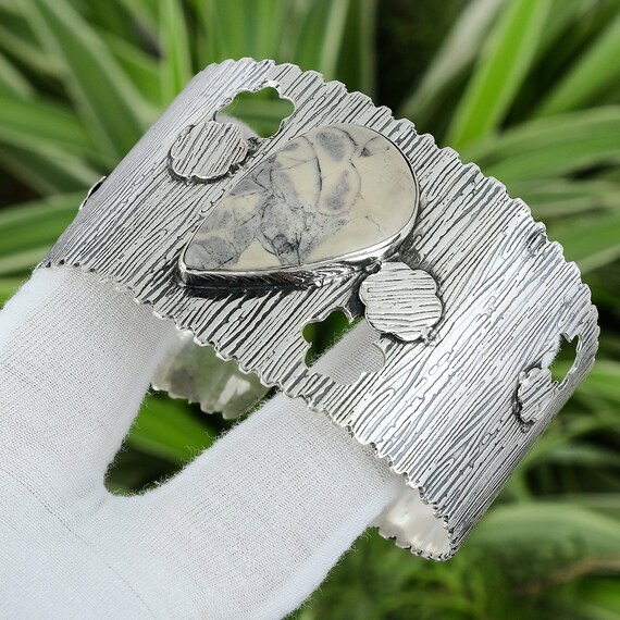Handmade Porcelain Jasper Cuff: Adjustable 925 Sterling Silver Bangle