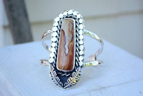 Landscape Jasper Feather Cuff Bracelet - Sterling Silver Boho Jewelry - Handmade Jasper Stone Bracelet - Nature Inspired For Her