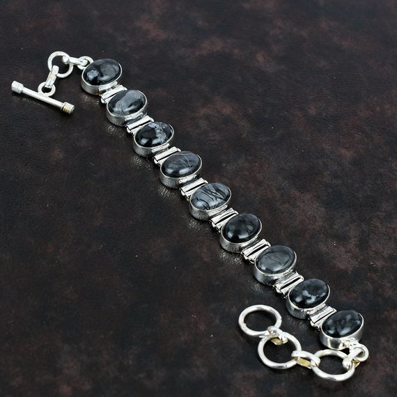 Picasso Jasper Bracelet, 925 Sterling Silver Adjustable Chain, Handmade