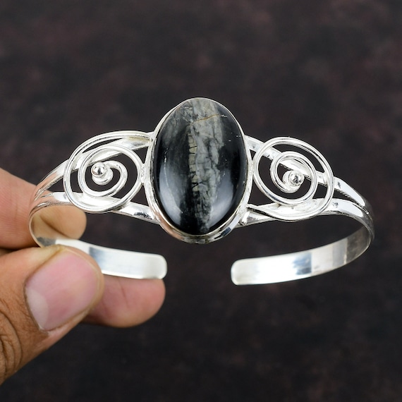 Picasso Jasper Cuff Bracelet: Handmade 925 Sterling Silver Boho Bangle