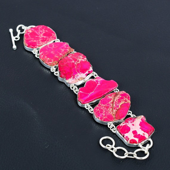 Pink Sea Sediment Jasper Bracelet: Handmade 925 Sterling Silver, Adjustable