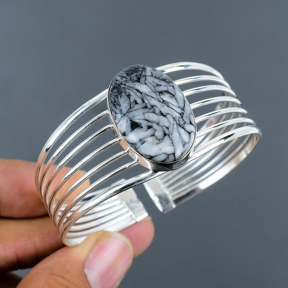 Pinolith Jasper Bangle: Handmade 925 Sterling Silver Adjustable Cuff