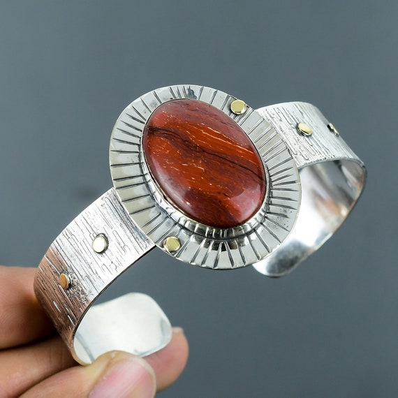 Red Snakeskin Jasper Cuff Bracelet: Handmade 925 Sterling Silver Bangle
