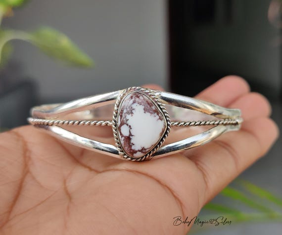 Wild Horse Jasper Sterling Silver Bangle: Handmade Adjustable Gemstone