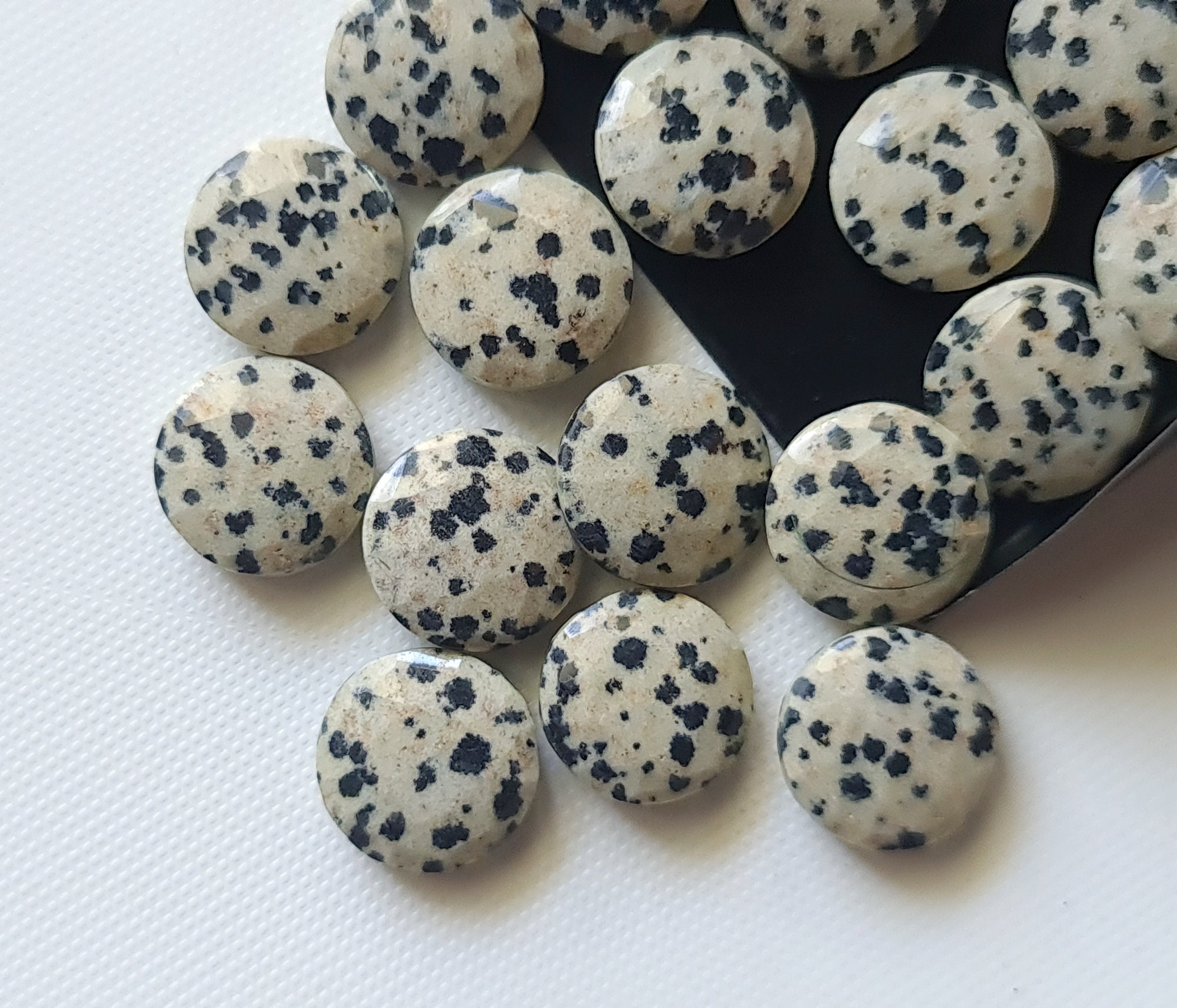 14mm Dalmatian Jasper Cabochons, Natural Dalmatian Jasper Faceted Round Shaped Cabochons Loose For Jewelry (5pcs To 10pcs Options) - Psg325