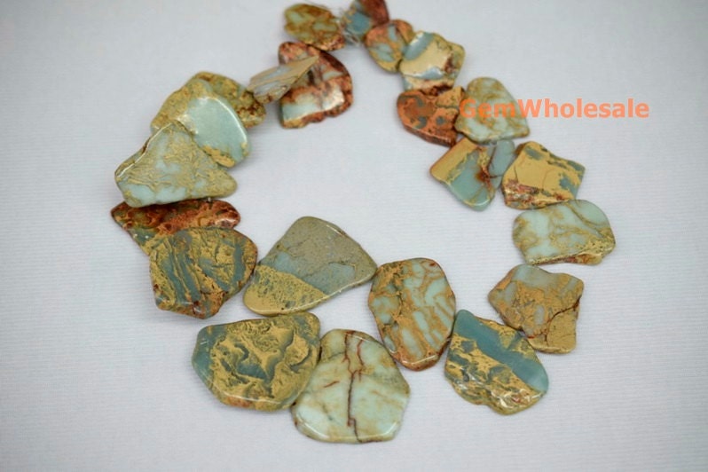 15.5" 20~40x30~60mm Blue Aqua Terra Jasper Flat Nugget Beads, Blue African Opal Beads, Blue Impression Jasper Flat Nugget Beads