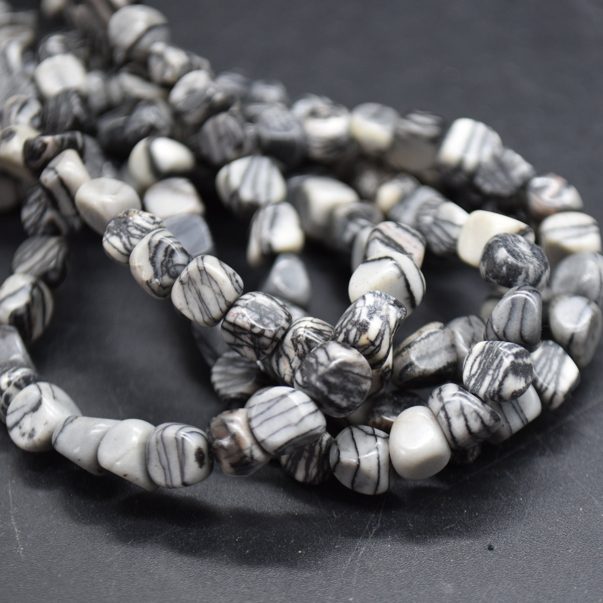 Black Veined Jasper Gemstone Tumblestone Nugget Pebble Beads - 5mm - 8mm - 15" Strand