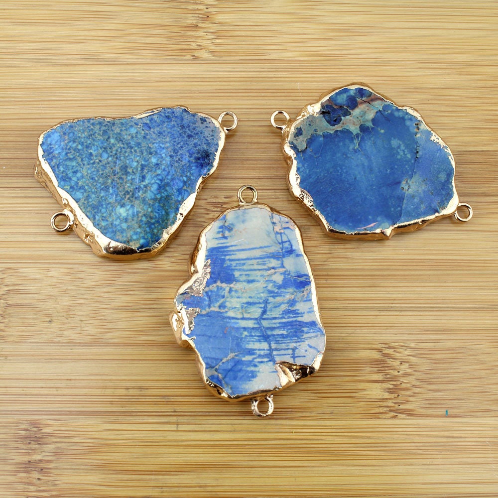 Natural Blue Jasper Slab Beads, Slab Jasper Connector With Gold Edge, Raw Jasper Gemstones Slice Beads For Bracelet Necklace Jewelry---tr045