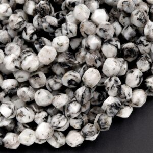 Star Cut Natural Black Zebra Jasper Faceted 8mm 10mm Rounded Nugget Sharp Facets 15" Strand