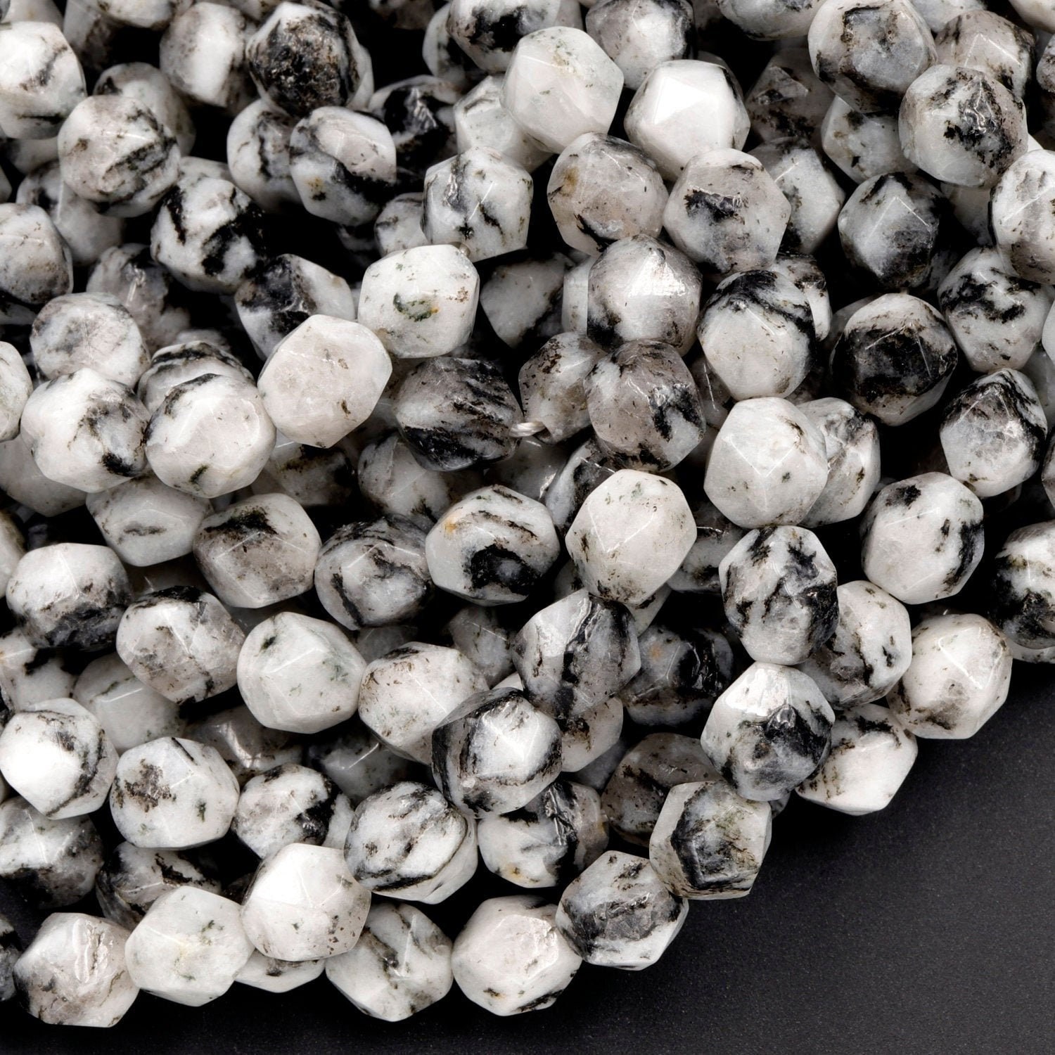 Star Cut Natural Black Zebra Jasper Faceted 8mm 10mm Rounded Nugget Sharp Facets 15" Strand Star Cut Natural Black Zebra Jasper Faceted 8mm 10mm Rounded Nugget Sharp Facets 15" Strand