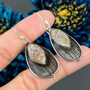Birds Eye Jasper Earrings: Gray Sterling Silver Dangle Drop Jewelry
