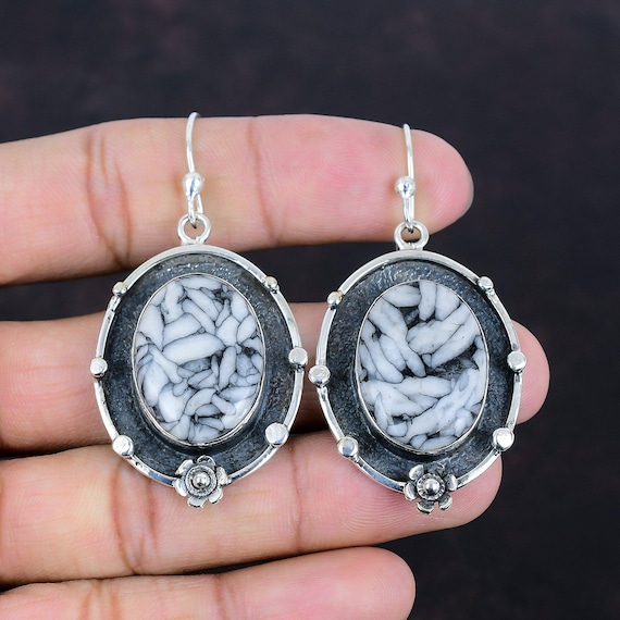 Handmade Pinolith Jasper Earrings: 925 Sterling Silver Antique Jewelry