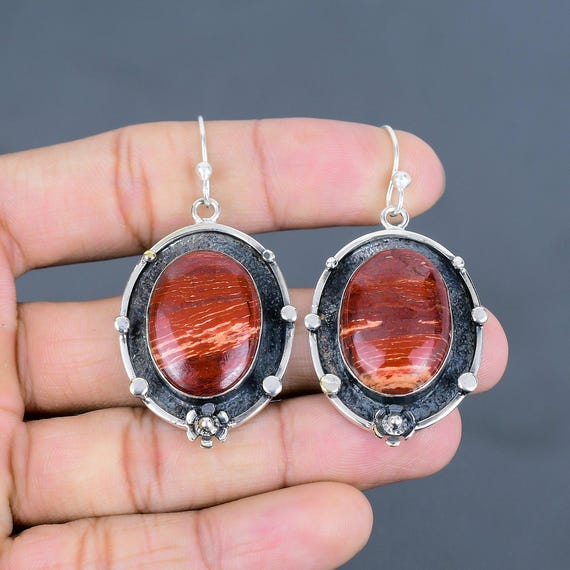 Handmade Red Snakeskin Jasper Earrings: 925 Sterling Silver Dangle Jewelry Handmade Red Snakeskin Jasper Earrings: 925 Sterling Silver Dangle Jewelry