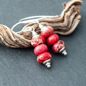 Impression Jasper Earrings, Bright Red And Cream Earrings, Dyed Natural Stone Dangles, 925 Sterling Silver Ear Wires