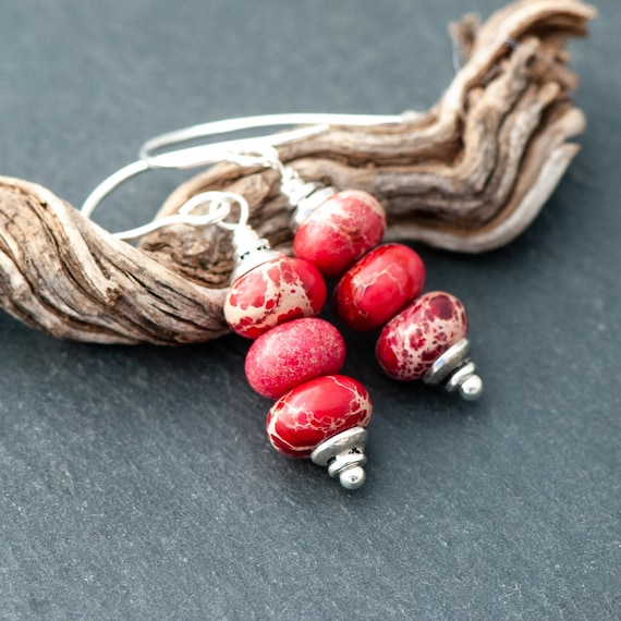 Impression Jasper Earrings, Bright Red And Cream Earrings, Dyed Natural Stone Dangles, 925 Sterling Silver Ear Wires