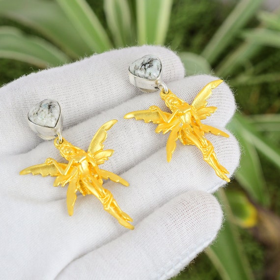 K2 Jasper Angel Earrings: 18k Gold Plated Sterling Silver, Handmade