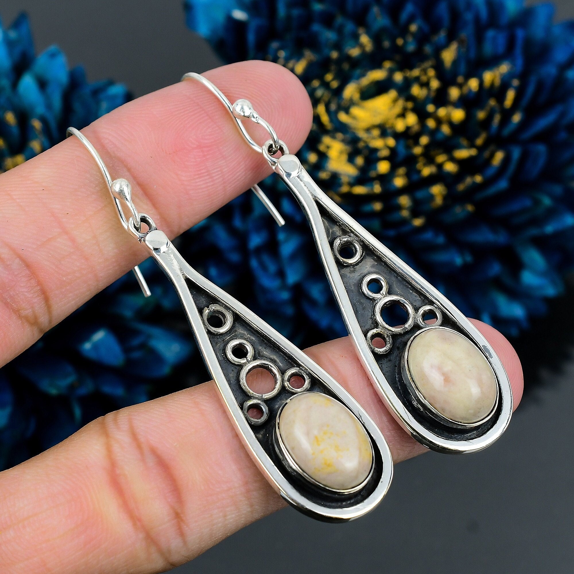 Peanut Wood Jasper Sterling Silver Dangle Earrings: Handmade Jewelry Gift Peanut Wood Jasper Sterling Silver Dangle Earrings: Handmade Jewelry Gift