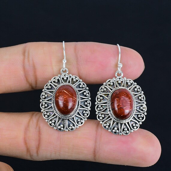 Red Snakeskin Jasper Earrings: Handmade 925 Sterling Silver Dangle Jewelry