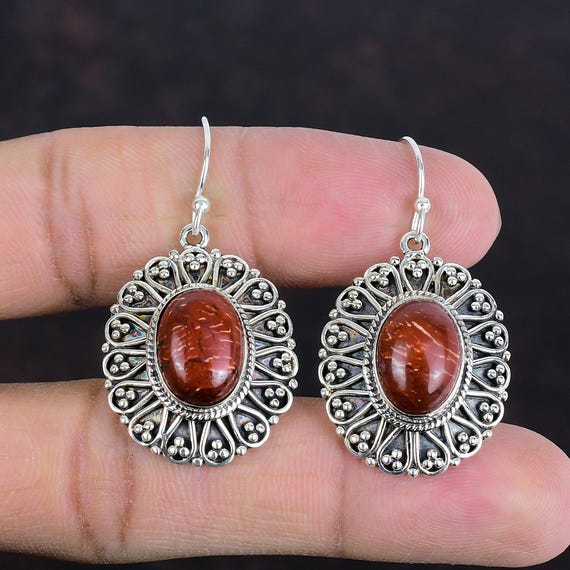 Red Snakeskin Jasper Earrings: Vintage 925 Sterling Silver, Handmade