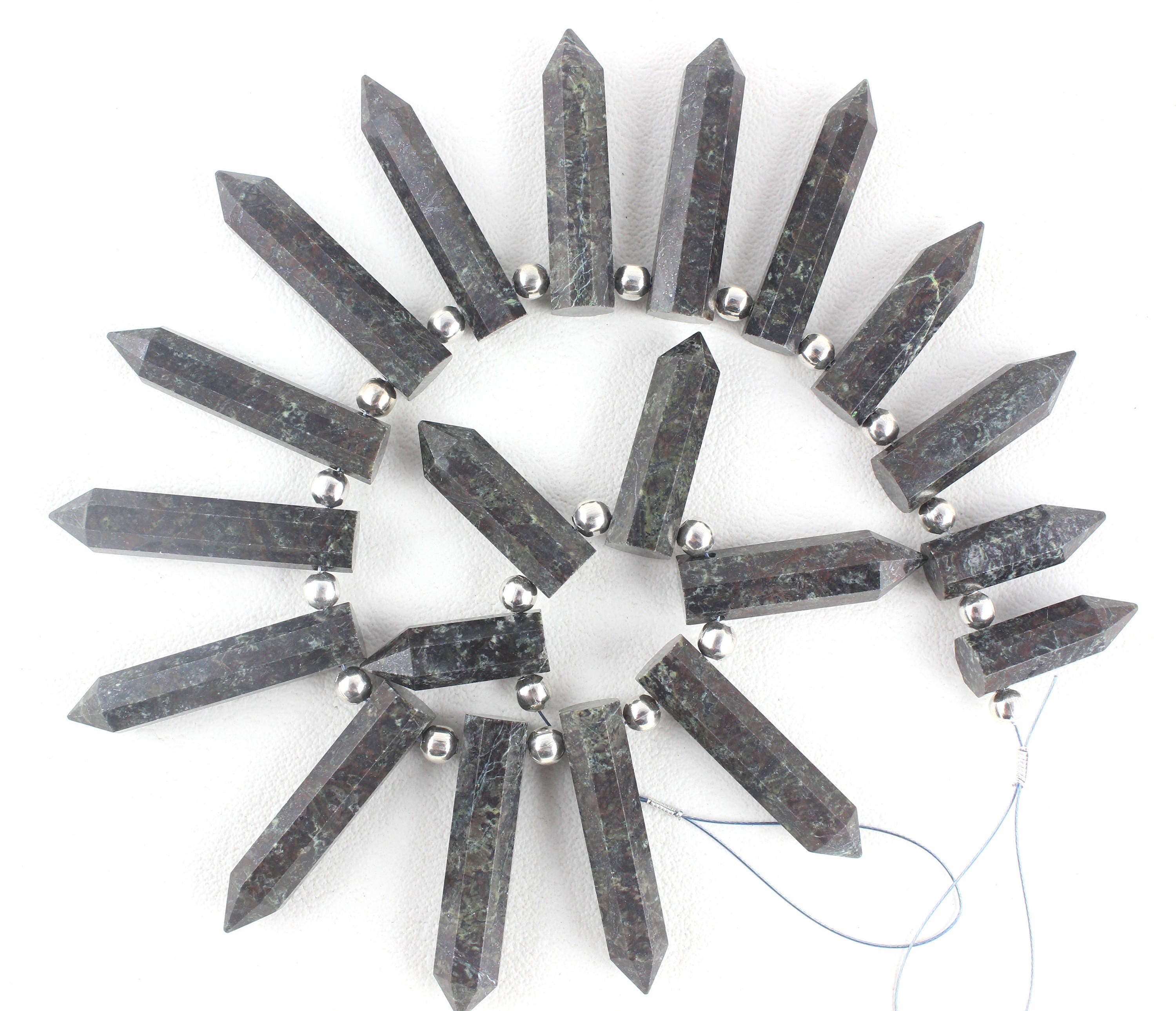 Faceted Kambaba Jasper Pencil Beads: Natural Green Gemstone Strand (6x19-7x32mm)