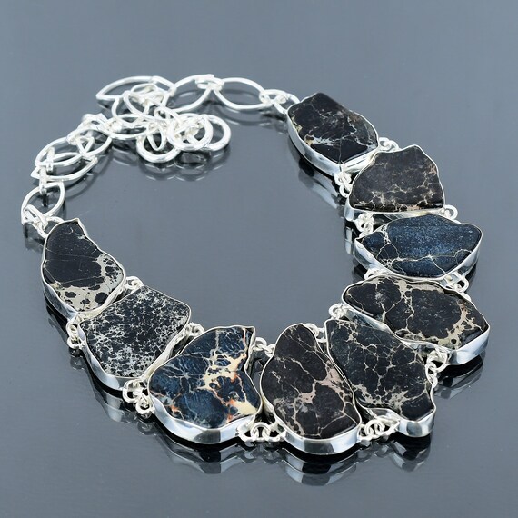 Black Sea Jasper Necklace: Handmade 925 Sterling Silver Adjustable Chain