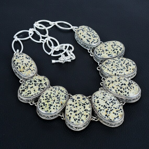 Dalmatian Jasper Necklace: Vintage 925 Sterling Silver Gemstone Jewelry