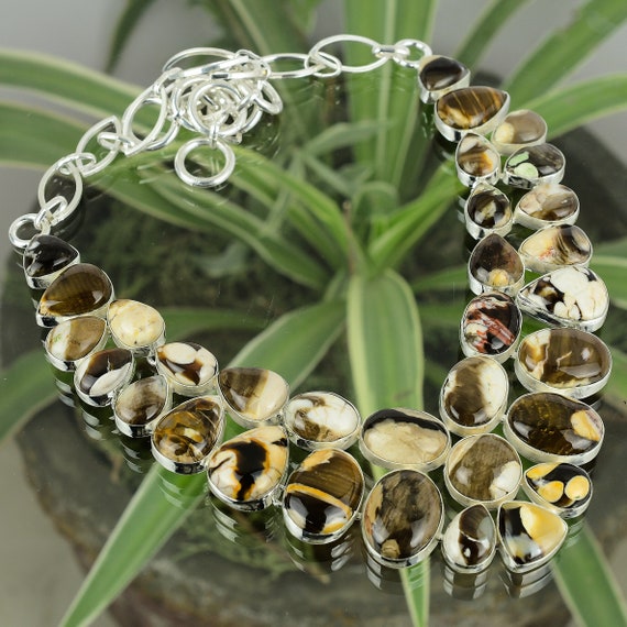 Handmade Peanut Wood Jasper Necklace: 925 Sterling Silver, Adjustable Chain