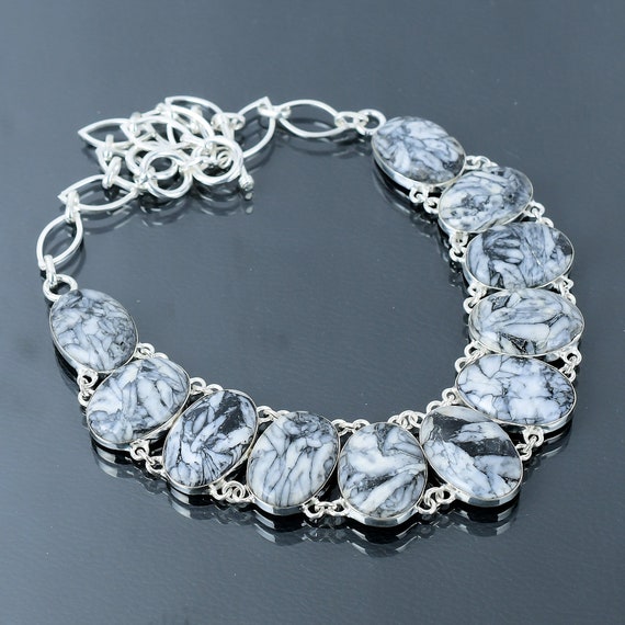 Handmade Pinolith Jasper Necklace: 925 Sterling Silver, Adjustable Chain