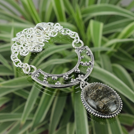 Handmade Silver Leaf Jasper Necklace: 925 Sterling Silver Adjustable Chain