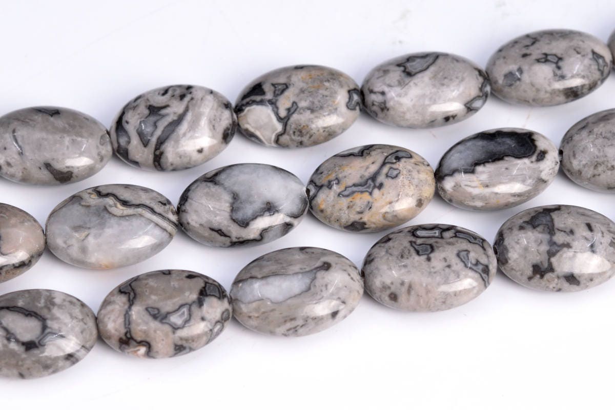 14x10mm Gray Crazy Lace Jasper Beads Flat Oval Gradeaaa Natural Gemstone 15.5" Strand (102786-472)