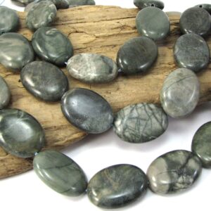 Green Jasper Beads, Natural Green 24x18mm Puffed Oval Beads, 15" inch Strand, Item 2096pm