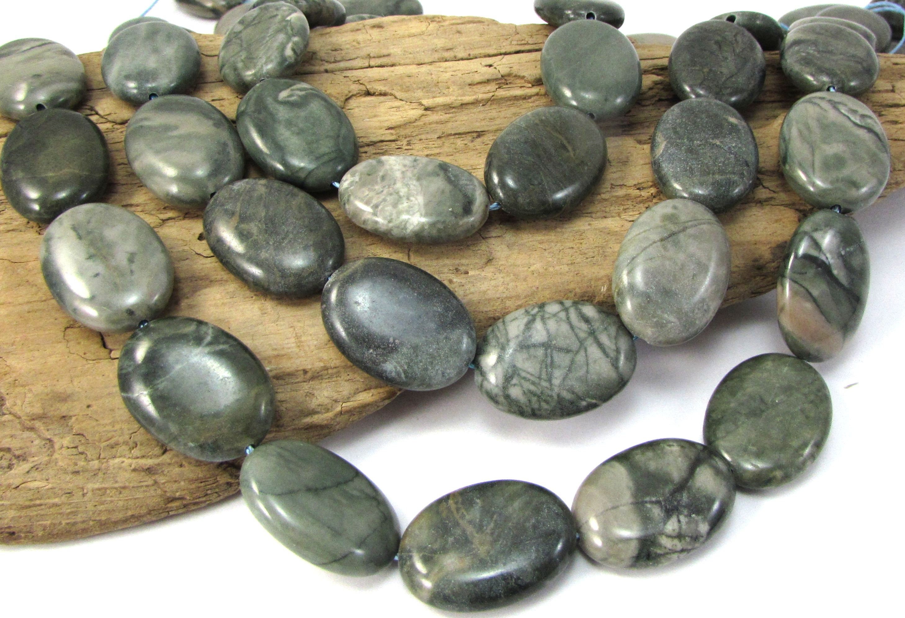Green Jasper Beads, Natural Green 24x18mm Puffed Oval Beads, 15" Inch Strand, Item 2096pm