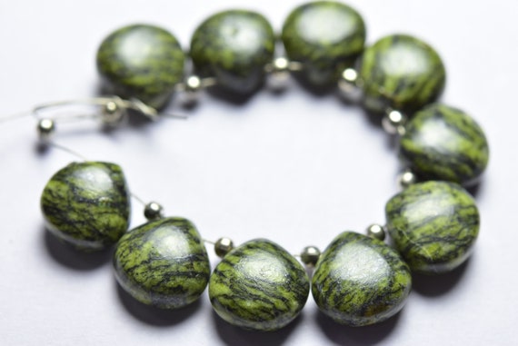 Green Zebra Jasper Briolette Beads - 4 Pcs - Beautiful Natural Smooth Green Zebra Jasper Heart Briolettes - Size Is 10 Mm #1870