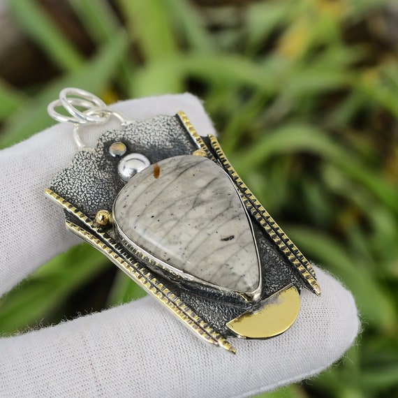 Australian Zebra Jasper Pendant: 925 Sterling Silver, 18k Gold Plated