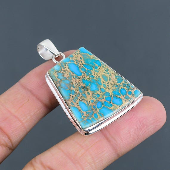 Handmade Blue Sea Sediment Jasper Pendant: 925 Sterling Silver Boho Jewelry
