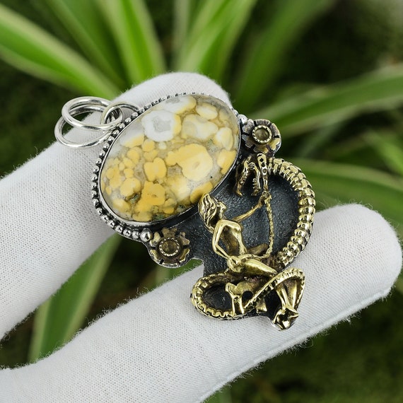 Handmade Cobra Jasper Pendant: 925 Sterling Silver, 18k Gold Dragon