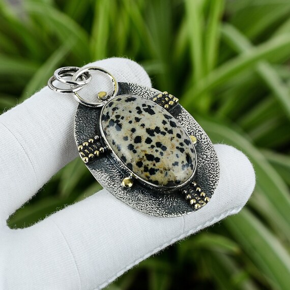 Handmade Dalmatian Jasper Pendant: 925 Sterling Silver, 18k Gold Plated