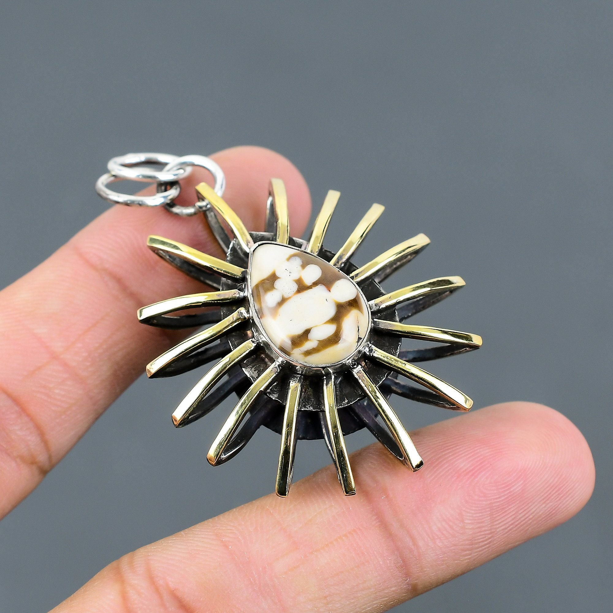 Handmade Peanut Wood Jasper Pendant: 925 Sterling Silver 18k Gold Plated Cage