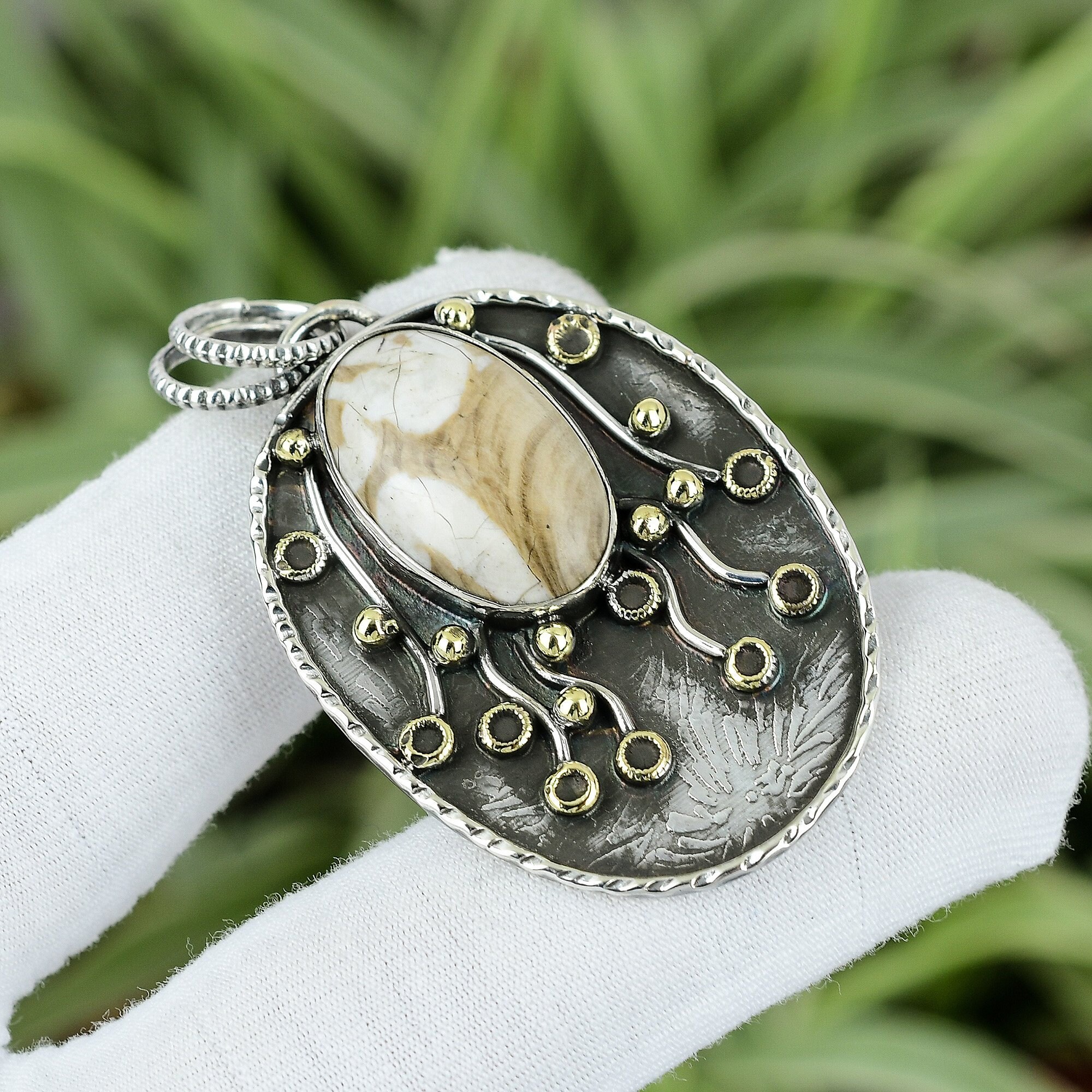Handmade Peanut Wood Jasper Pendant: 925 Sterling Silver, 18k Gold Plated