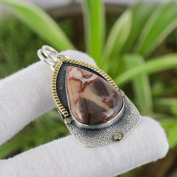 Handmade Pear Rainbow Jasper Pendant: 925 Sterling Silver, 18k Gold Plated