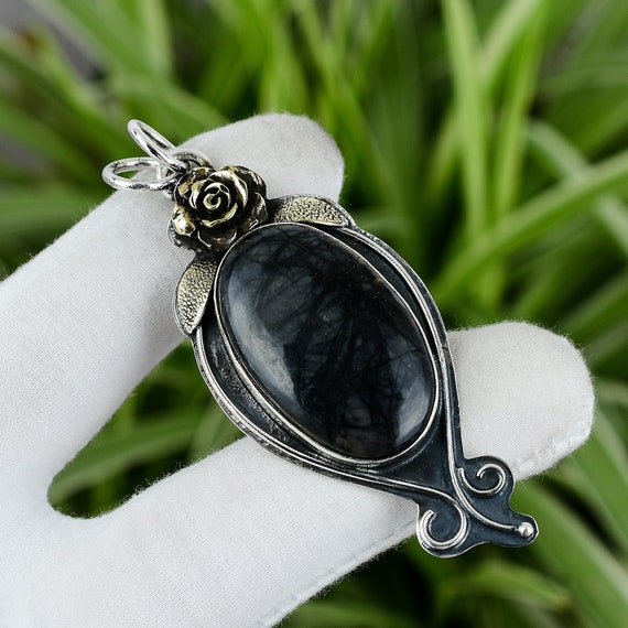 Handmade Picasso Jasper Pendant: 925 Sterling Silver, 18k Gold Plated Handmade Picasso Jasper Pendant: 925 Sterling Silver, 18k Gold Plated