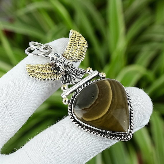 Handmade Polychrome Jasper Pendant: 925 Sterling Silver, 18k Gold Plated