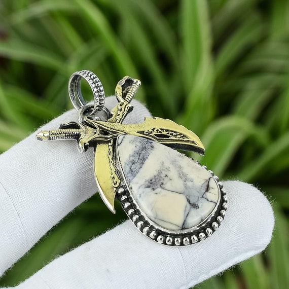 Handmade Porcelain Jasper Sword Pendant: 925 Sterling Silver, 18k Gold Plated