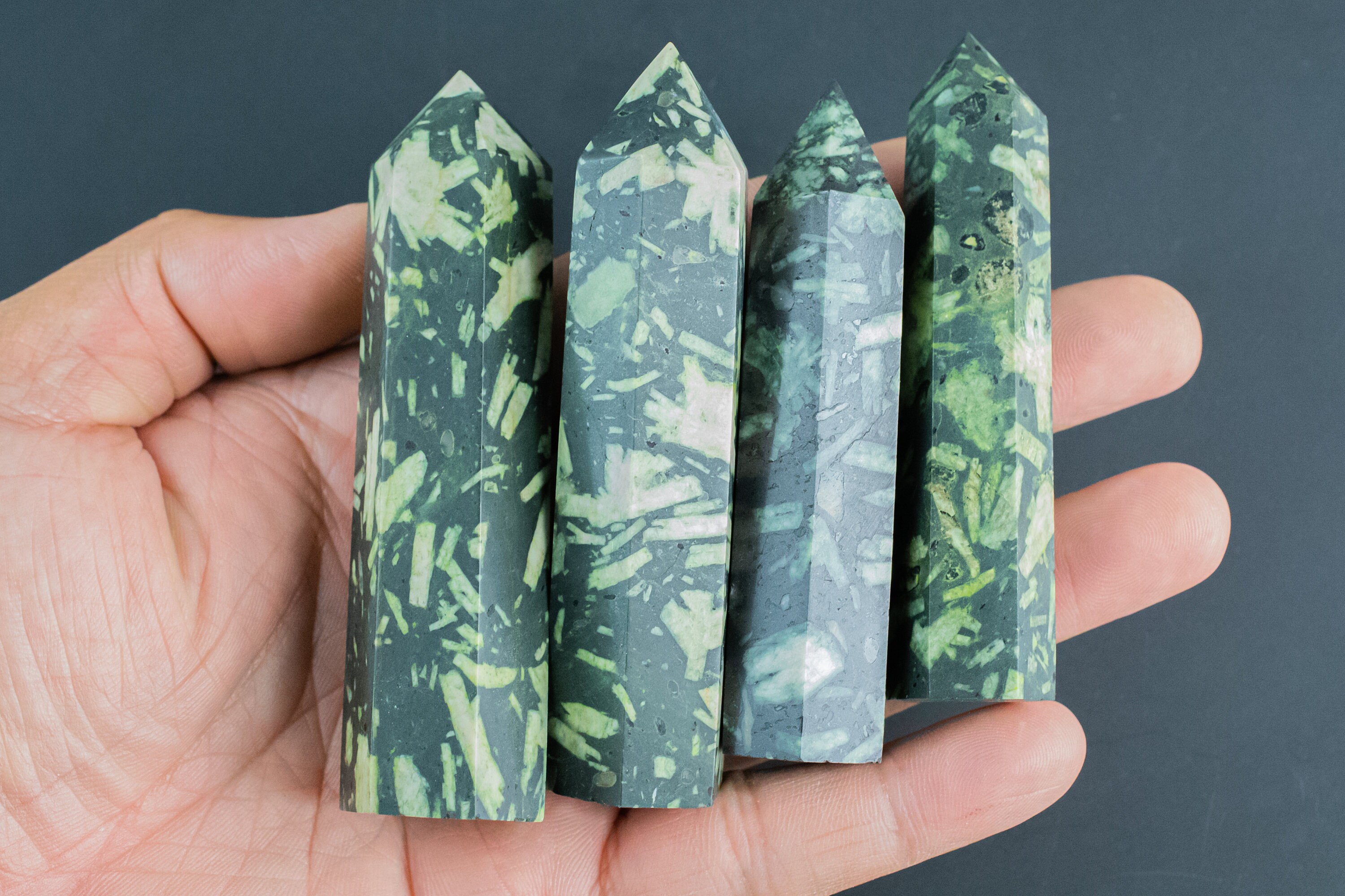 1 Pc Natural Green Leafed Jasper Obelisk Tower Point Wand Healing Crystal