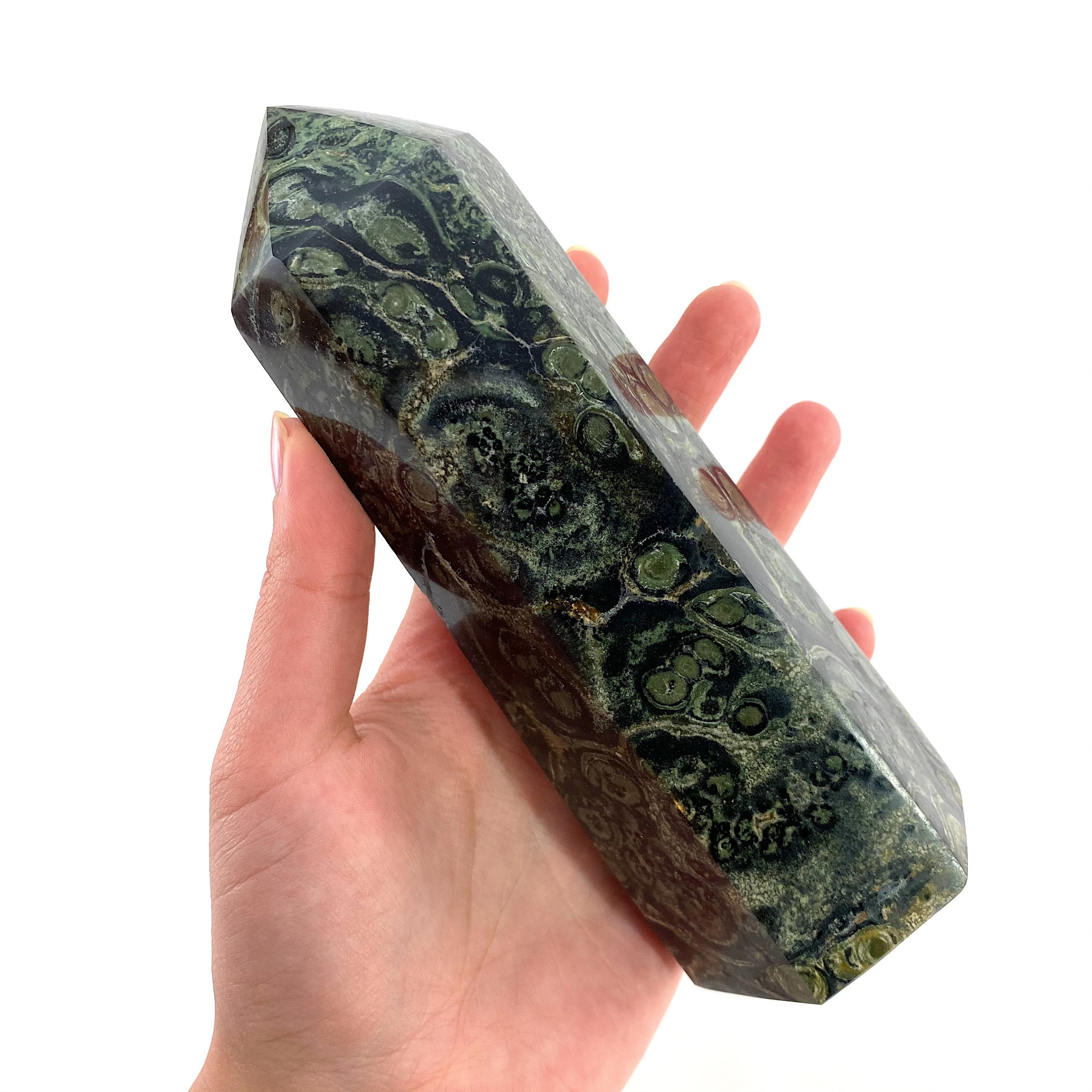Kambaba Jasper Point | Orbicular Green Crystal Tower (16.5 X 6 Cm)